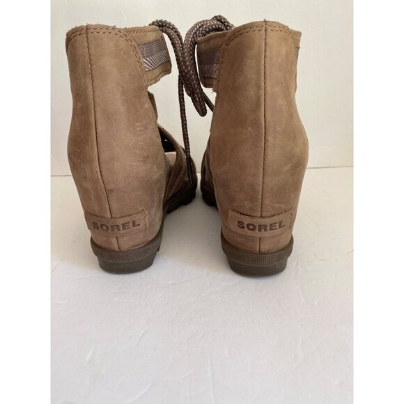 Sorel Joanie ll Lace Webbing Ash Brown Open Toe Cut Out Wedge Heel Sandal 8 - Picture 4 of 7
